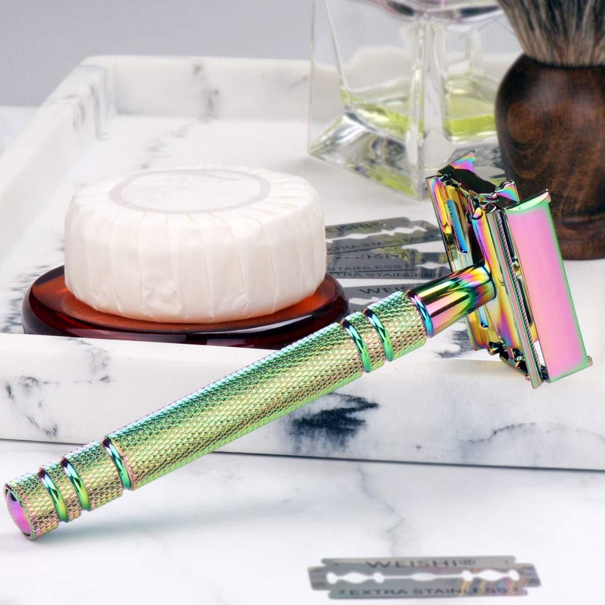 Weishi Elegant Rainbow Color Butterfly Open Long Handle Double Edge Safety Reusable Razor